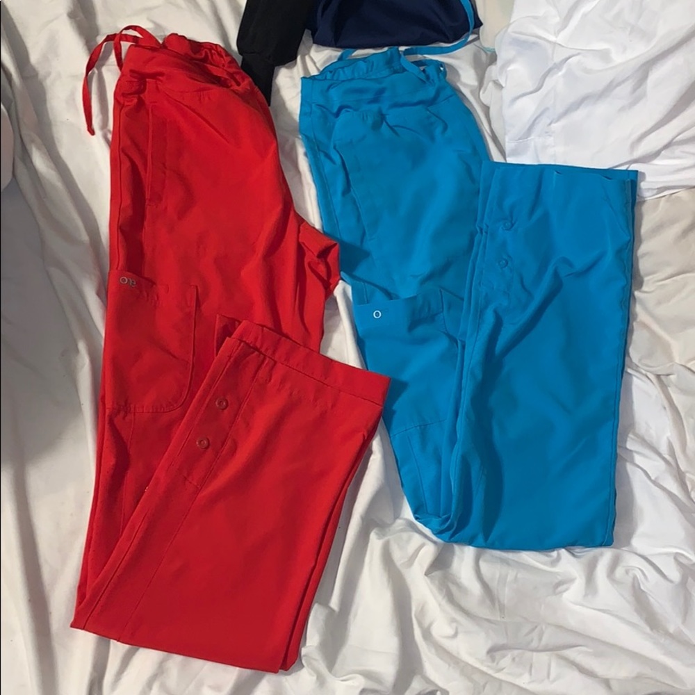 Red and blue barco one scrub pants